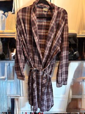 LL Bean Scotch Plaid Flannel Robe Tie Waist Cotton Grey Stewart Size L